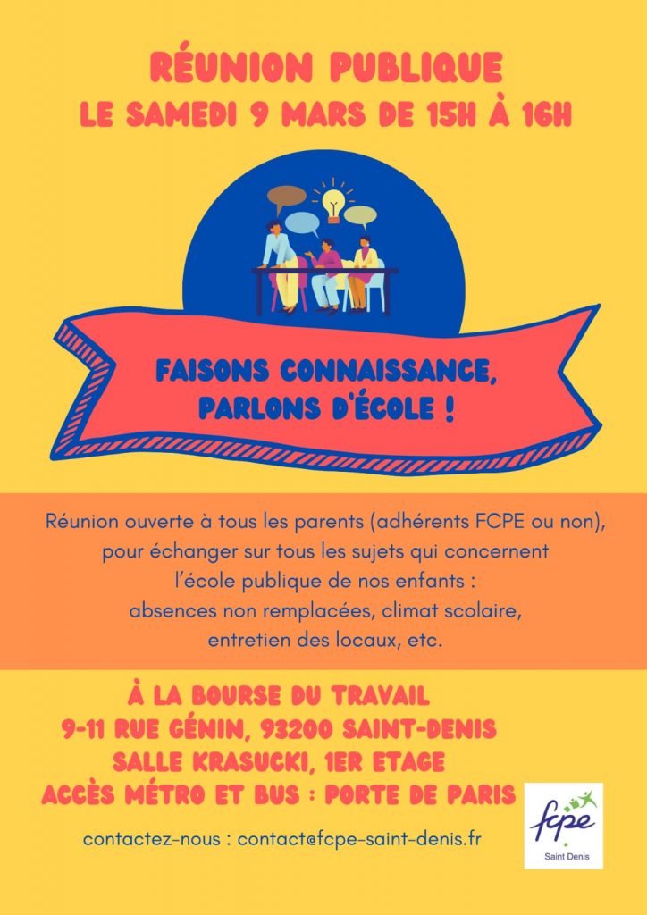 Flyer d'invitation à la réunion publique des parents d'élèves à Saint-Denis pour le samedi 9 mars à 15h